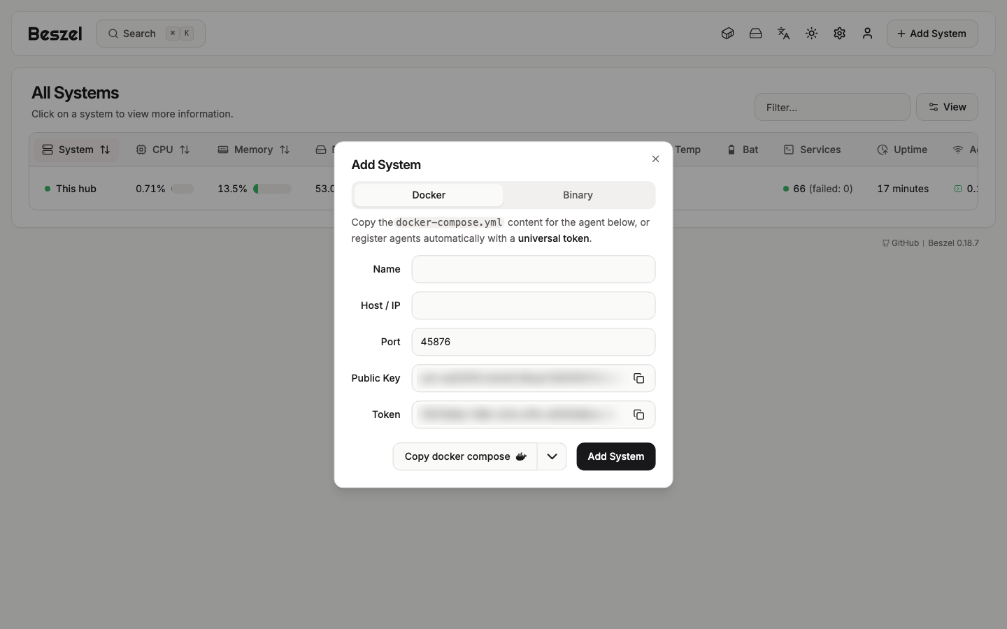 The Add System dialog with Docker and Binary tabs, name, host or IP, port 45876, the hub public key and a token (blurred)