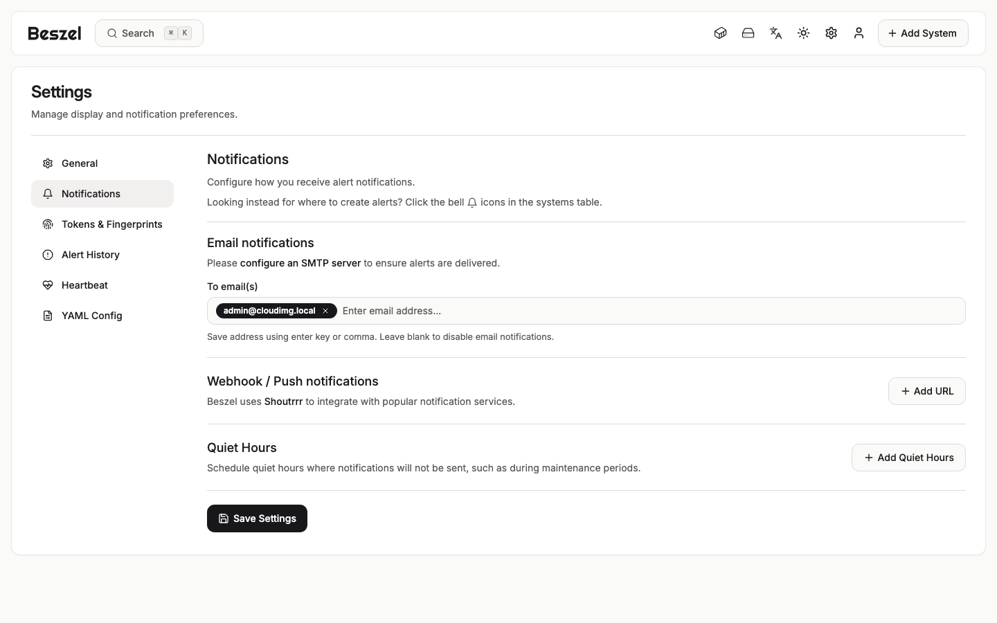 The Notifications settings page with email recipients, webhook and push notification URLs and quiet hours