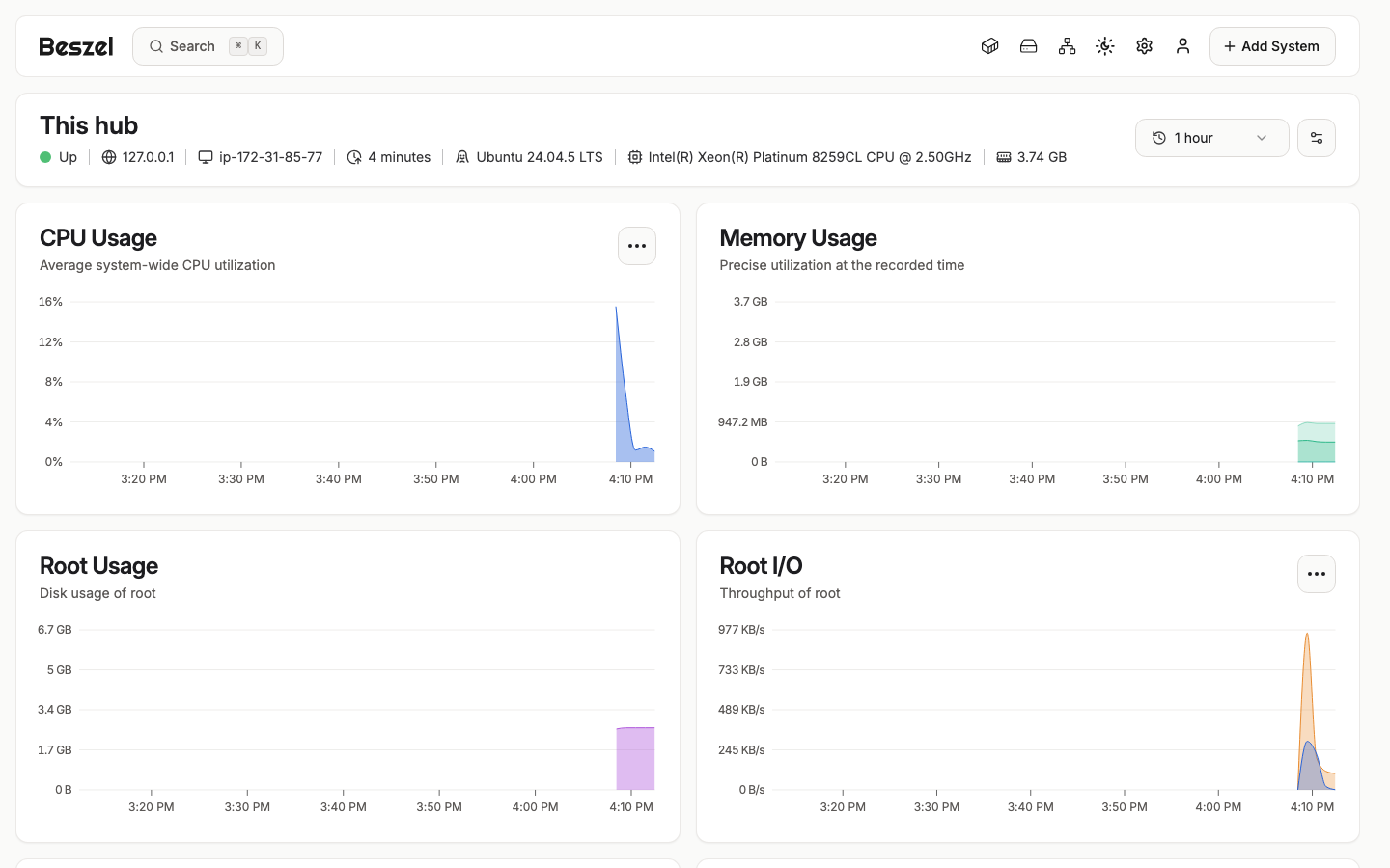 The This hub system page with CPU usage, memory usage, disk usage and disk I/O charts over the last hour