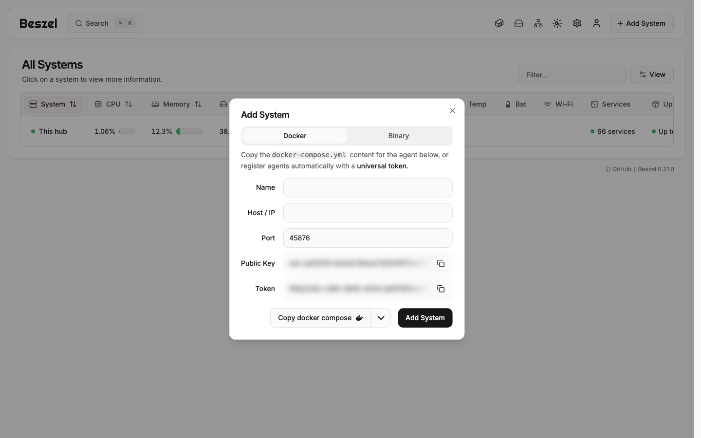 The Add System dialog with Docker and Binary tabs, name, host or IP, port 45876, the hub public key and a token (blurred)