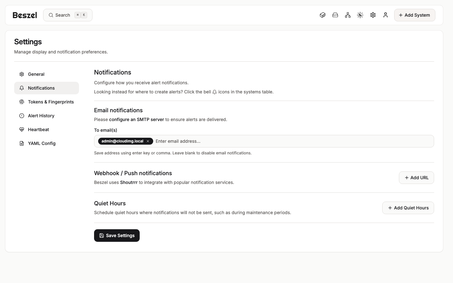 The Notifications settings page with email recipients, webhook and push notification URLs and quiet hours