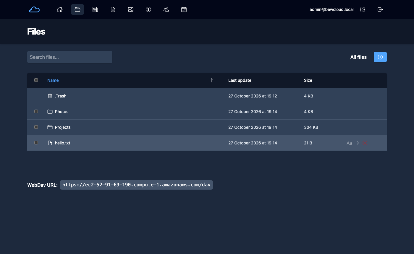 The bewCloud file browser with a folder and files uploaded over WebDAV, and the app navigation in the header