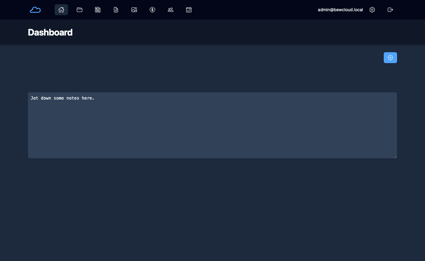 The bewCloud dashboard with its quick notes widget, and the app navigation for files, news, notes, photos, expenses, contacts and calendar