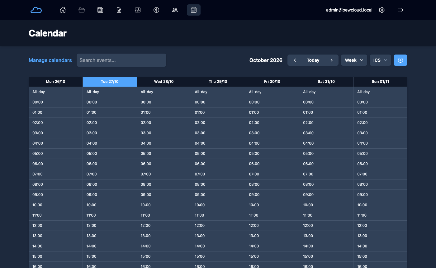 The bewCloud calendar view, served by the bundled Radicale CalDAV server