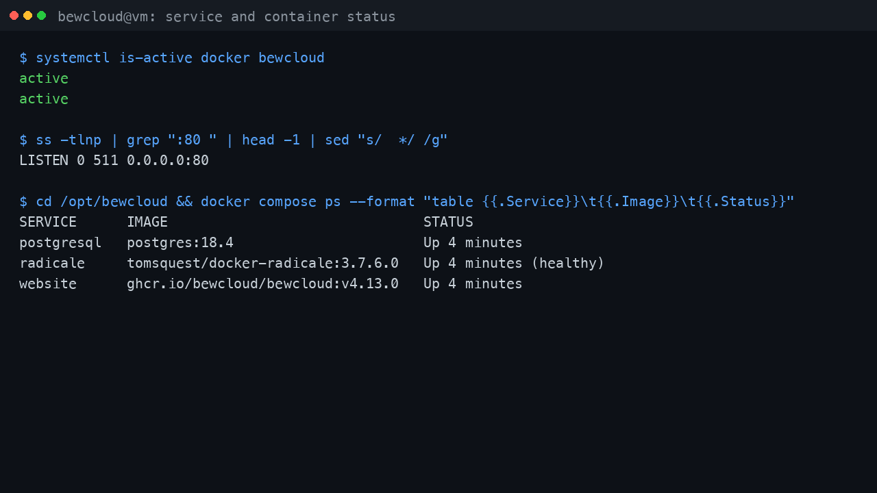 The docker and bewcloud systemd units reporting active, nginx bound to port 80, and the bewCloud, PostgreSQL and Radicale containers all up with their pinned image versions