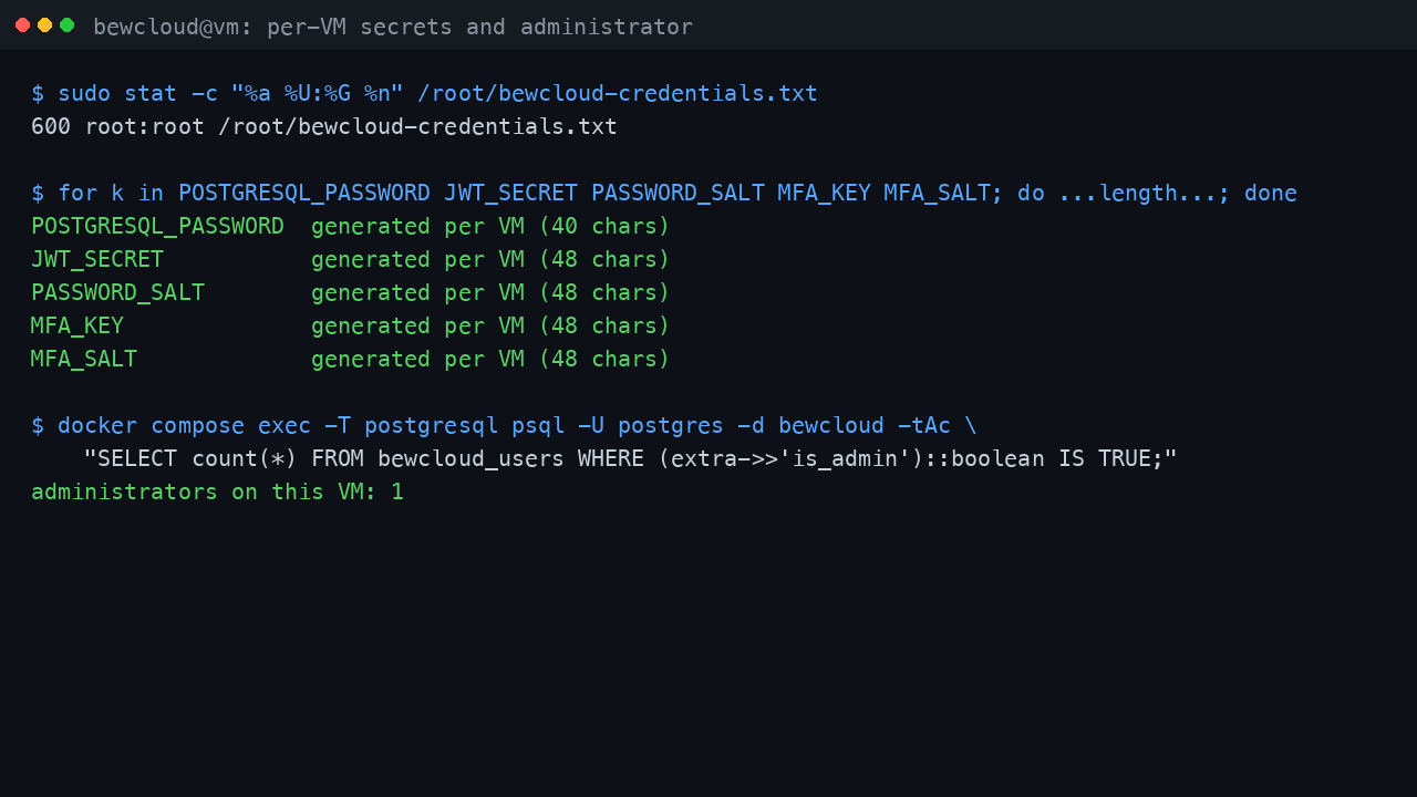 The credentials file reported at mode 600 owned by root, each per VM secret confirmed present by length only, and exactly one administrator account on this VM