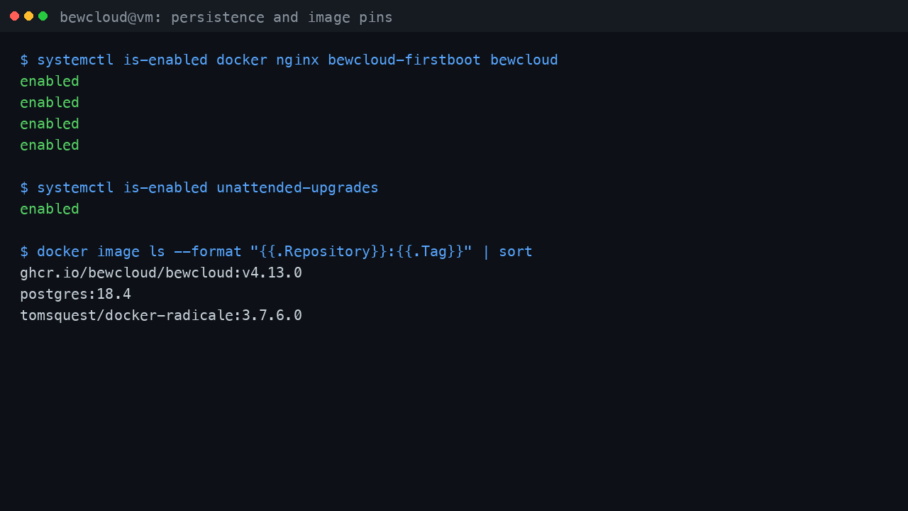 The docker, nginx, first boot and bewcloud units all enabled, unattended-upgrades enabled, and the three pinned container images for bewCloud, PostgreSQL and Radicale