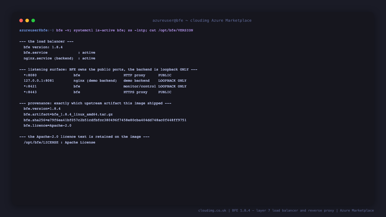 The BFE service reporting active with its systemd unit and provenance file, the pinned upstream version 1.8.4, and the listener table showing BFE holding the public proxy ports 8080 and 8443 plus the monitor on 8421 while the bundled demo backend is bound only to 127.0.0.1:8081