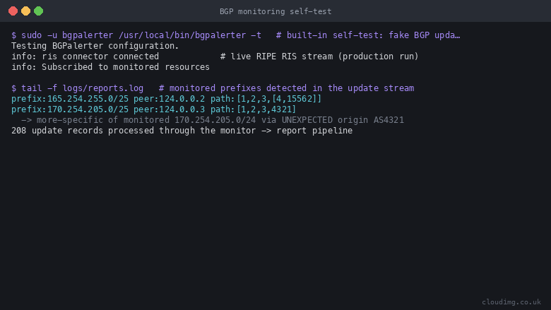 Terminal showing BGPalerter connected to the live RIPE RIS stream and its self test detecting monitored prefixes in the update stream, including a more specific of a monitored prefix from an unexpected origin AS