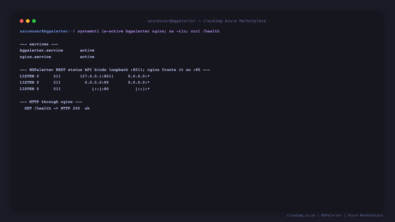 Terminal showing the bgpalerter and nginx services active, the status API bound to loopback 8011 with nginx fronting port 80, and the public health endpoint returning ok