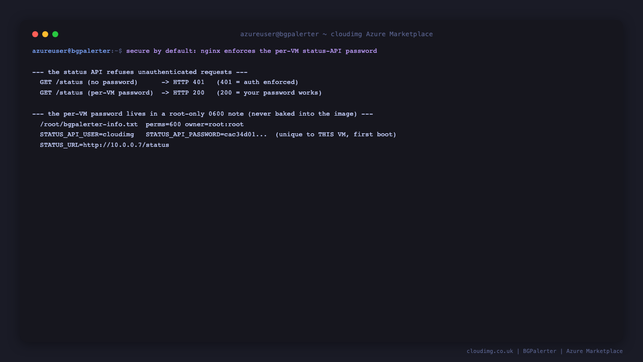 Terminal showing the root only info note with the per VM status API password and an unauthenticated status API call rejected with HTTP 401