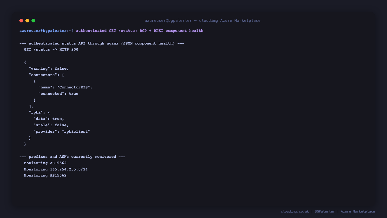 Terminal showing an authenticated request to the status API returning HTTP 200 and the component health JSON for the BGP connectors and RPKI data