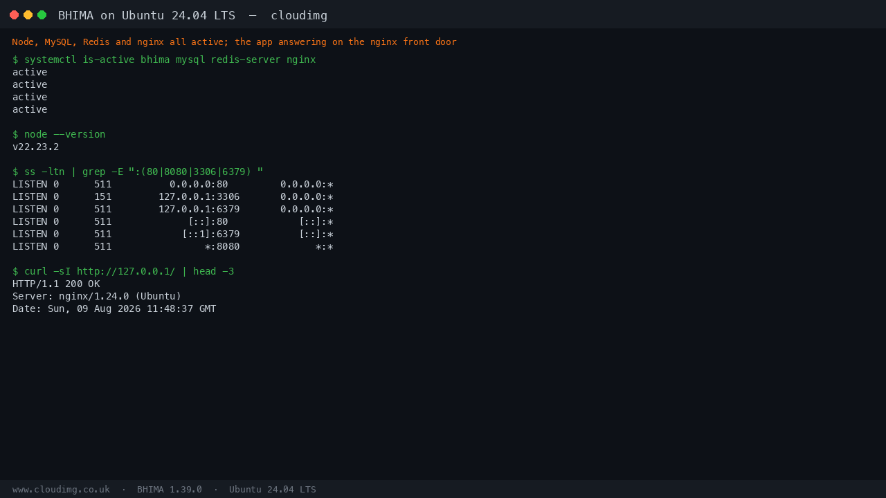 BHIMA Node app, MySQL, Redis and nginx all active with the app answering on the nginx front door