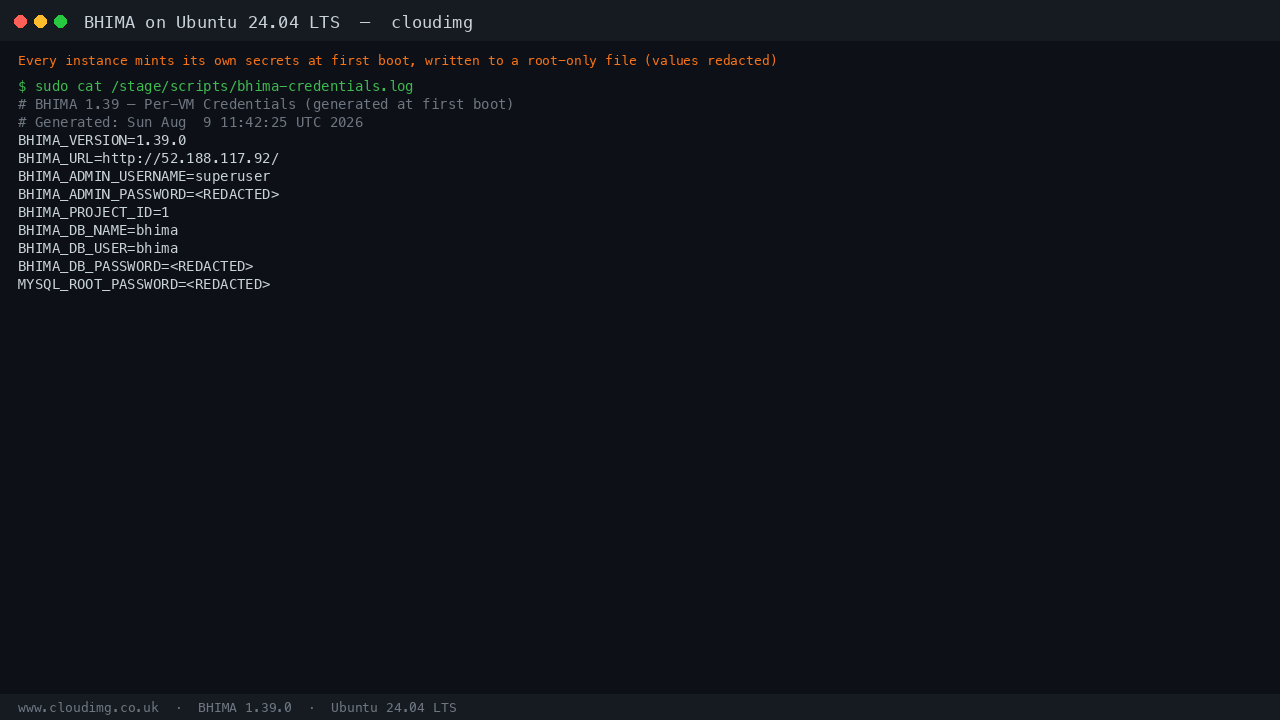 The per-VM credentials file generated at first boot, with the secret values redacted