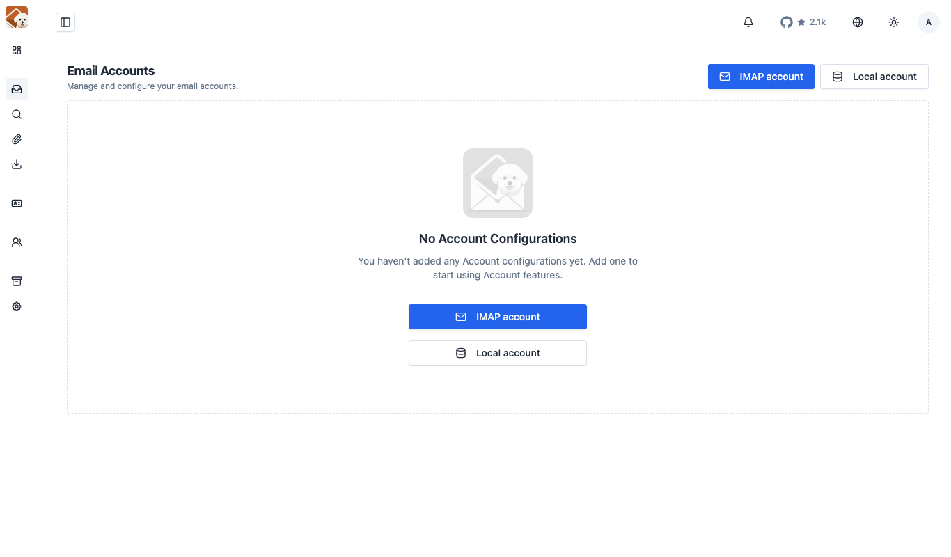 The Accounts page, ready to add an IMAP account