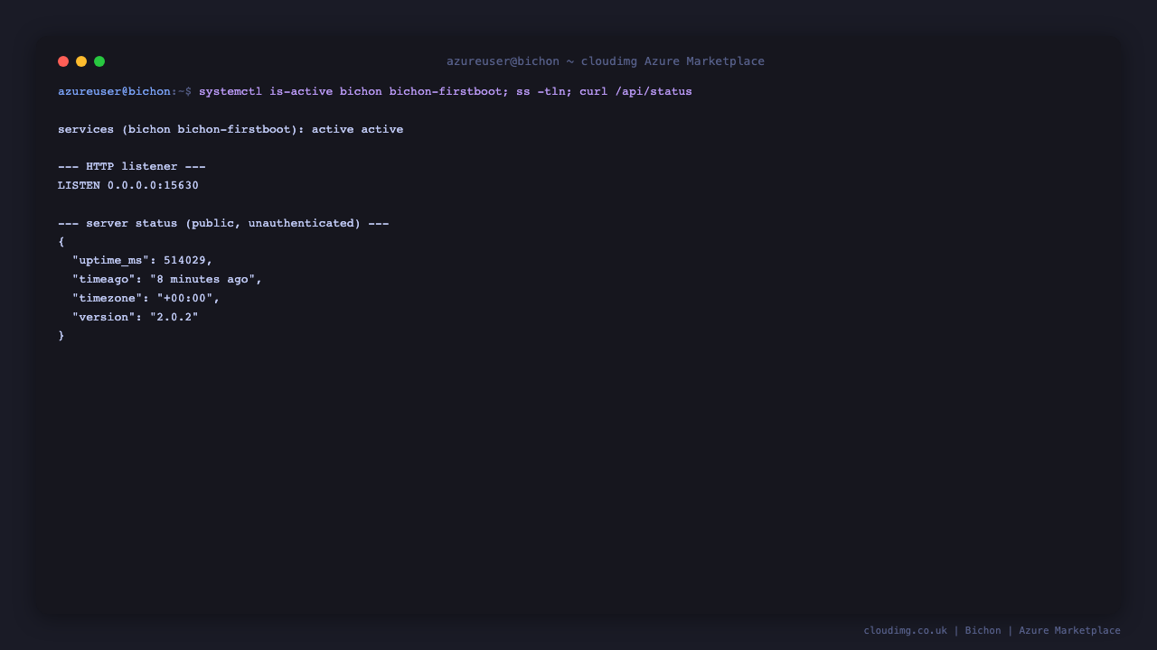 The bichon and bichon-firstboot services reported active, the server listening on port 15630, and the public status endpoint returning the running Bichon 2.0.2 version