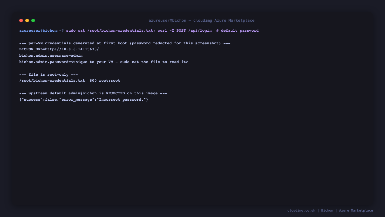 The per VM credentials file with its root only permissions, and the upstream default password admin@bichon being rejected by the login endpoint on this image