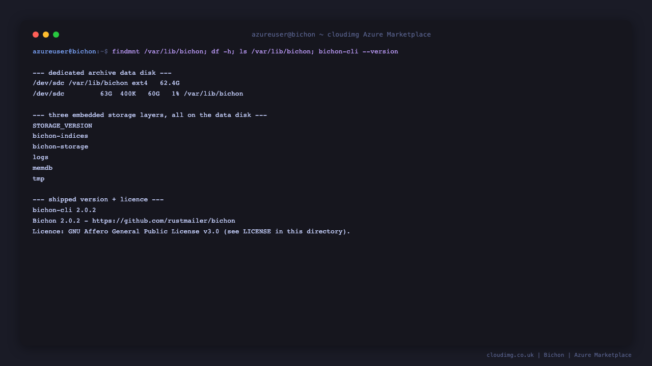 The shipped Bichon 2.0.2 version, the dedicated ext4 archive disk and its free space, the three embedded storage layers, and the licence and upstream source notice