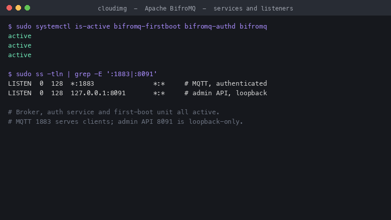 The three BifroMQ services active, with MQTT listening on 1883 and the admin API bound to loopback on 8091