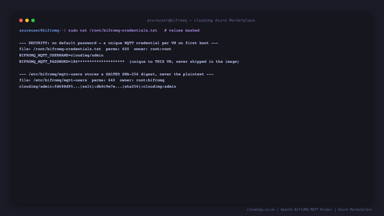 The per VM MQTT username and password, written to a root only credentials file at first boot