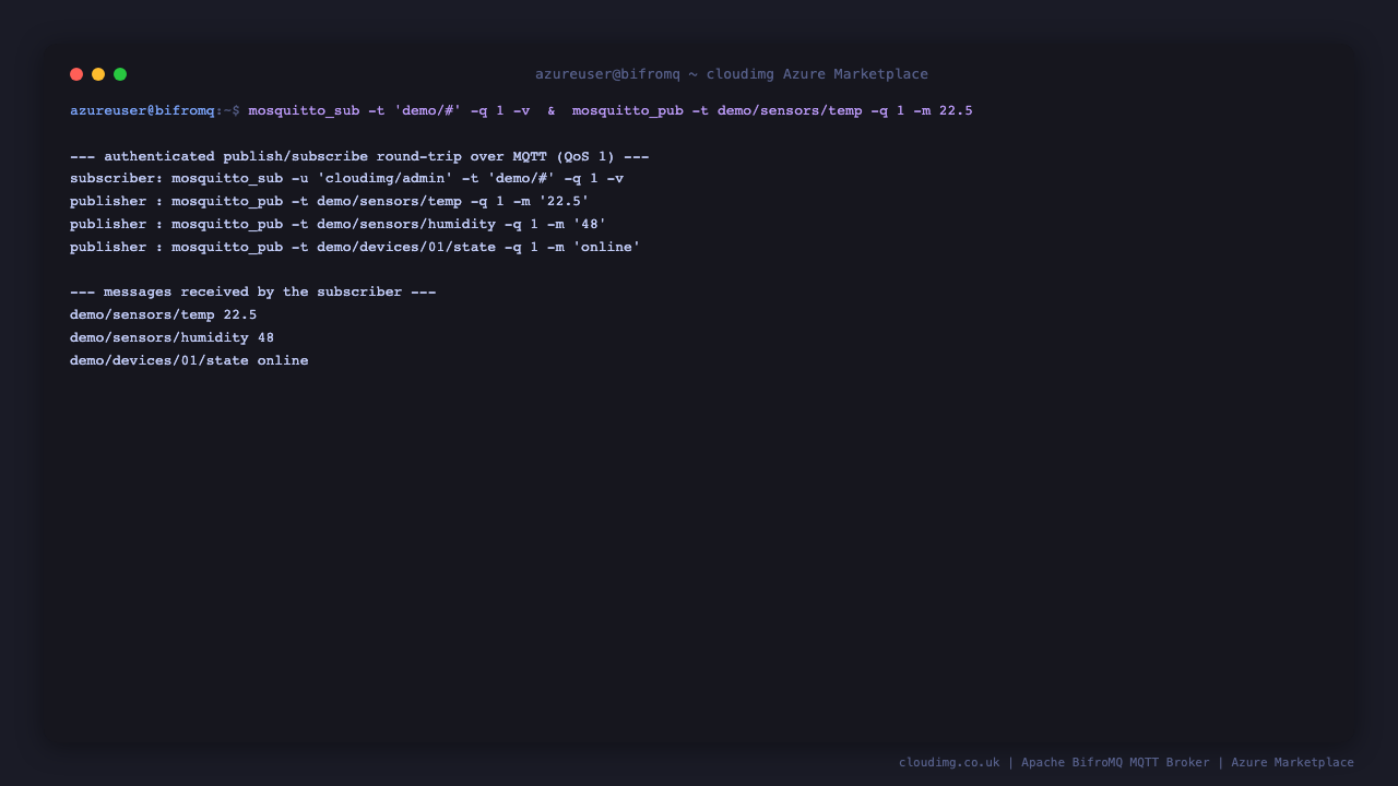 A publish and subscribe round trip completing against the authenticated broker