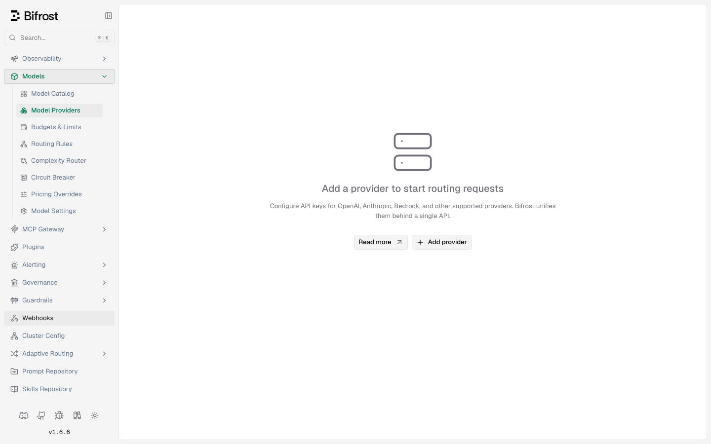 The Bifrost Model Providers page on a freshly launched instance, with no provider configured and the Add provider button