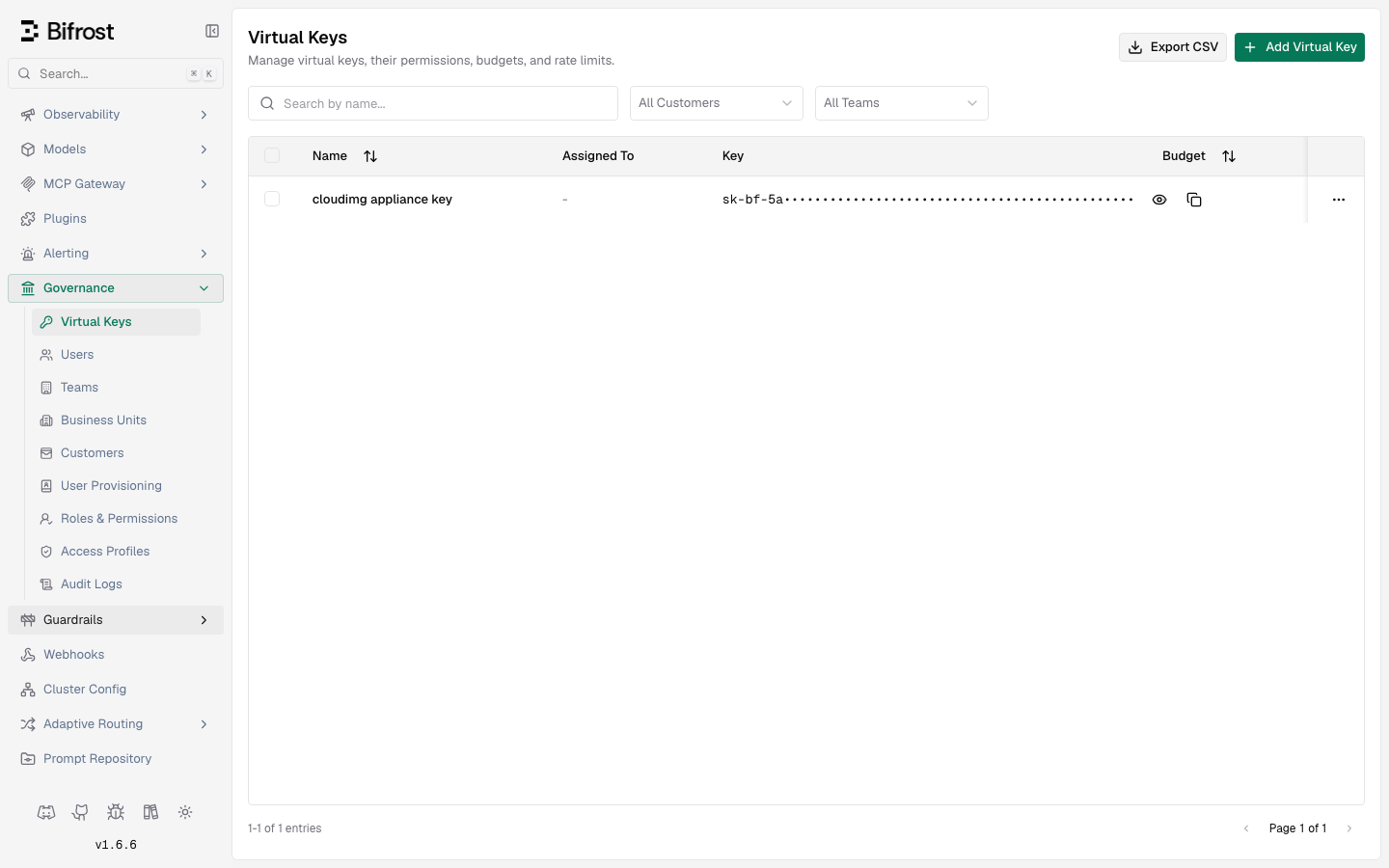 The Governance Virtual Keys page listing the cloudimg appliance key generated on this instance, with the key masked