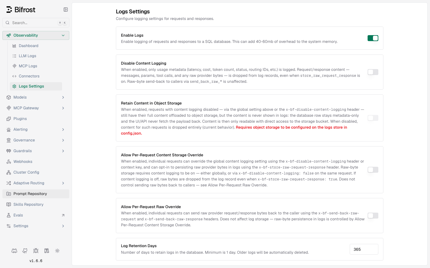 The Bifrost Logs Settings page with the content logging and log retention controls