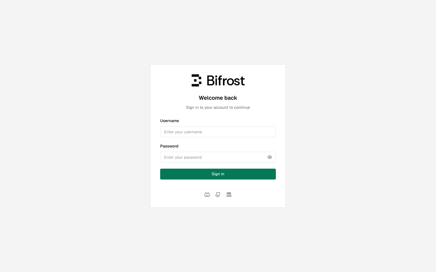 The Bifrost sign-in page shown after the browser's gate prompt, asking for the same username and password