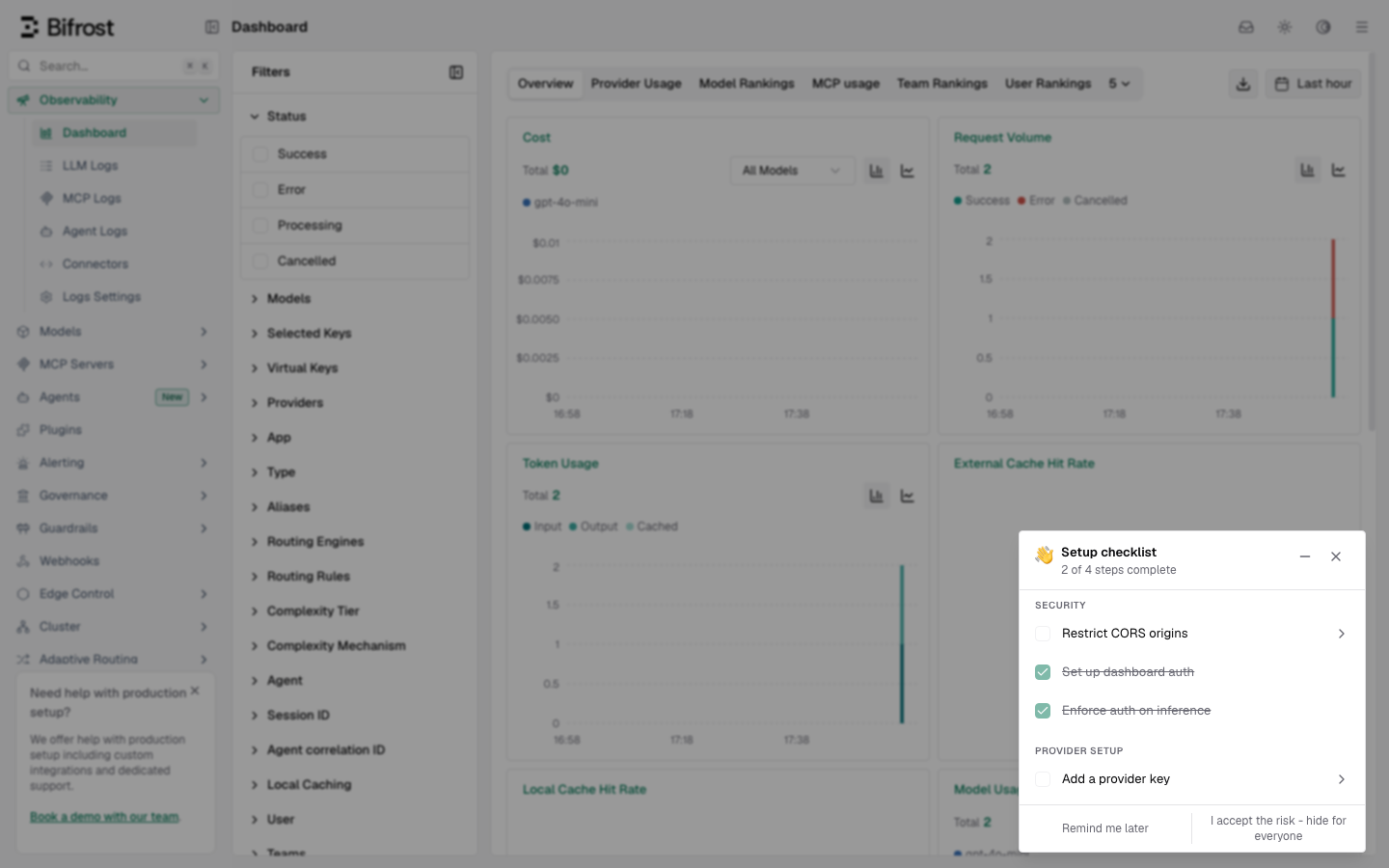 The Bifrost dashboard on a new instance with the setup checklist showing Set up dashboard auth and Enforce auth on inference already complete
