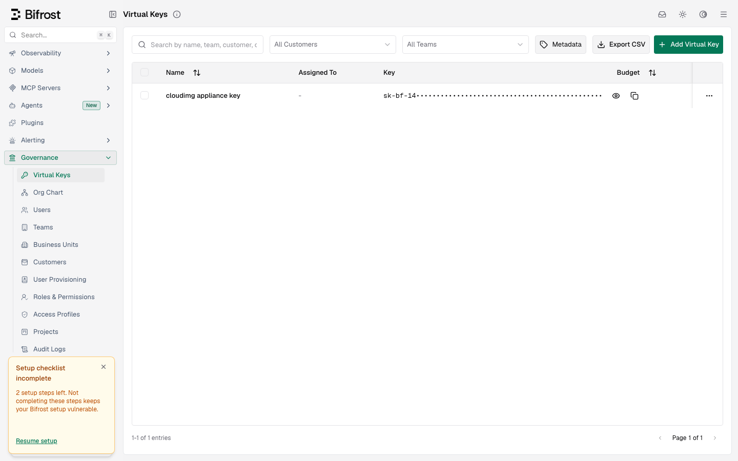 The Governance Virtual Keys page listing the cloudimg appliance key generated on this instance, with the key masked