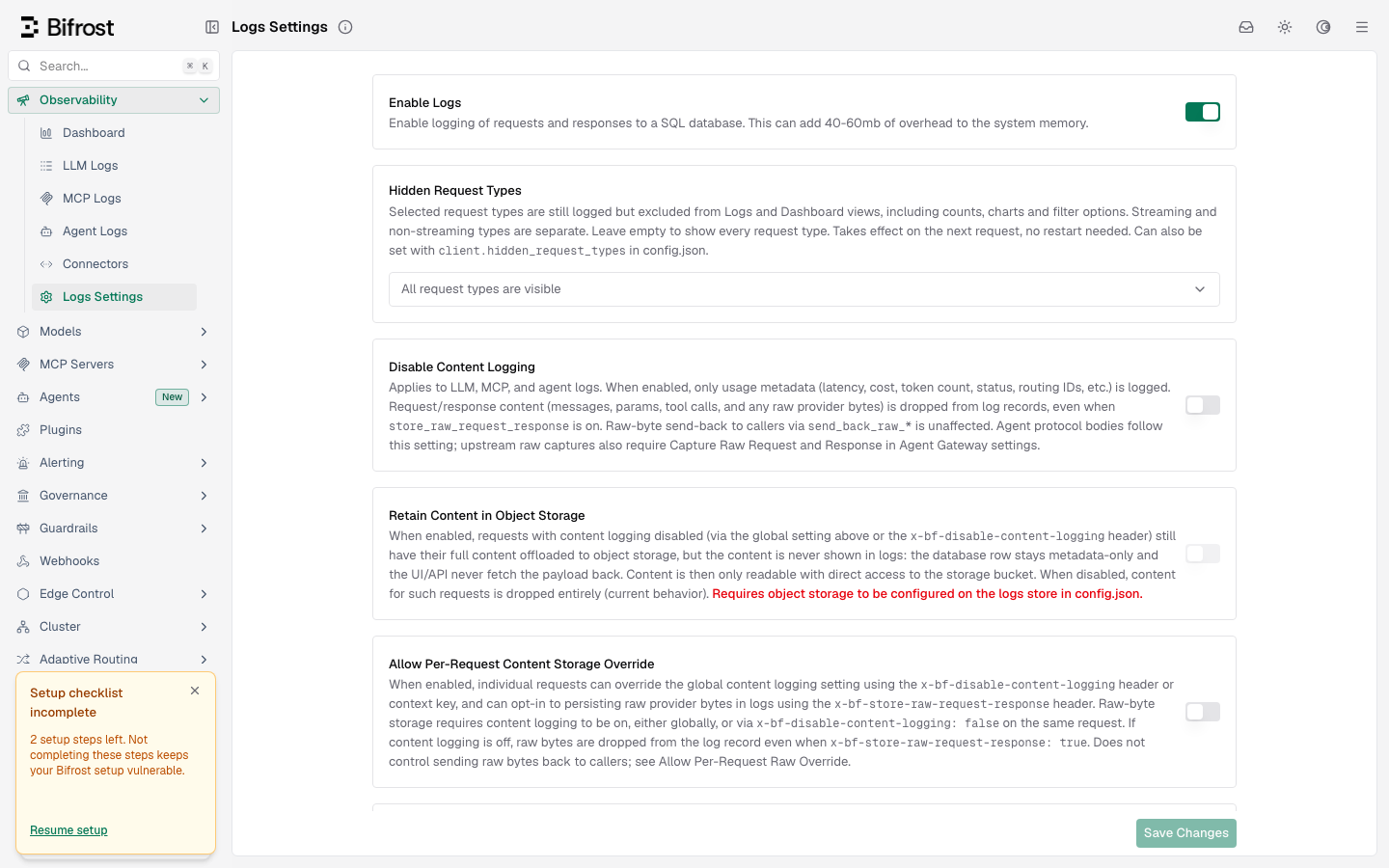 The Bifrost Logs Settings page with the Enable Logs and Disable Content Logging controls