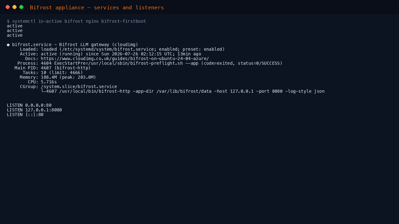 The bifrost, bifrost-firstboot and nginx services all active on the appliance, with the gateway bound to loopback and nginx on port 80