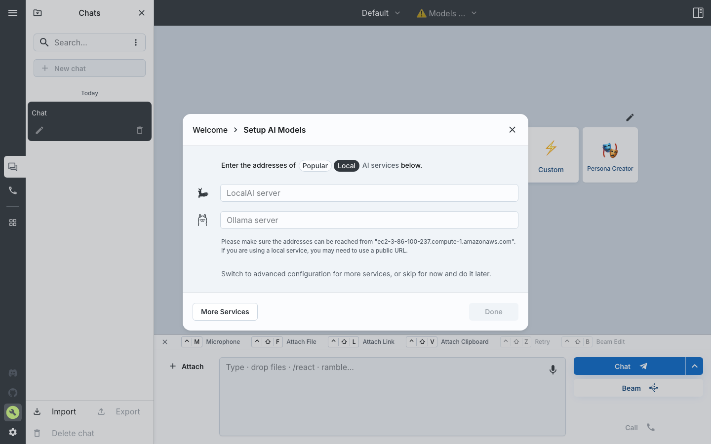 The Local tab of Setup AI Models with LocalAI and Ollama server address fields