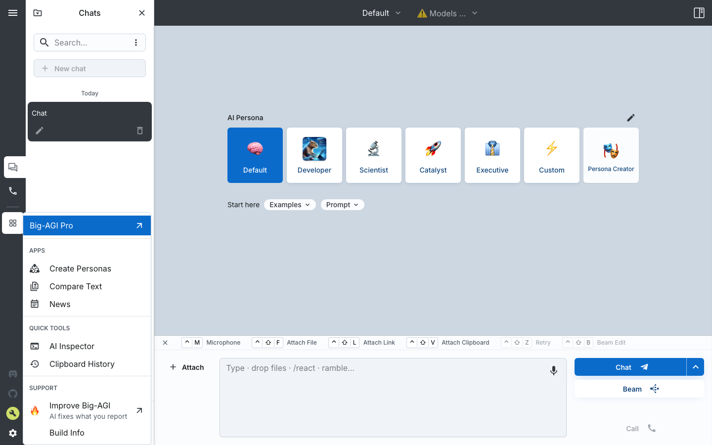 The big-AGI Apps and Tools menu showing Create Personas, Compare Text, News, AI Inspector and Clipboard History