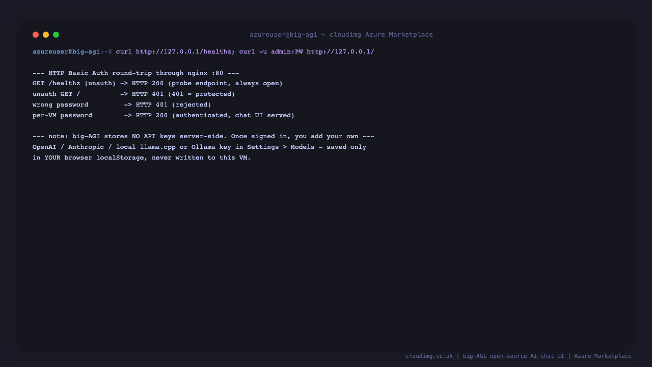 nginx returning 401 for an unauthenticated request and 200 once the per-VM admin password is supplied, with a note that big-AGI stores no API keys server-side