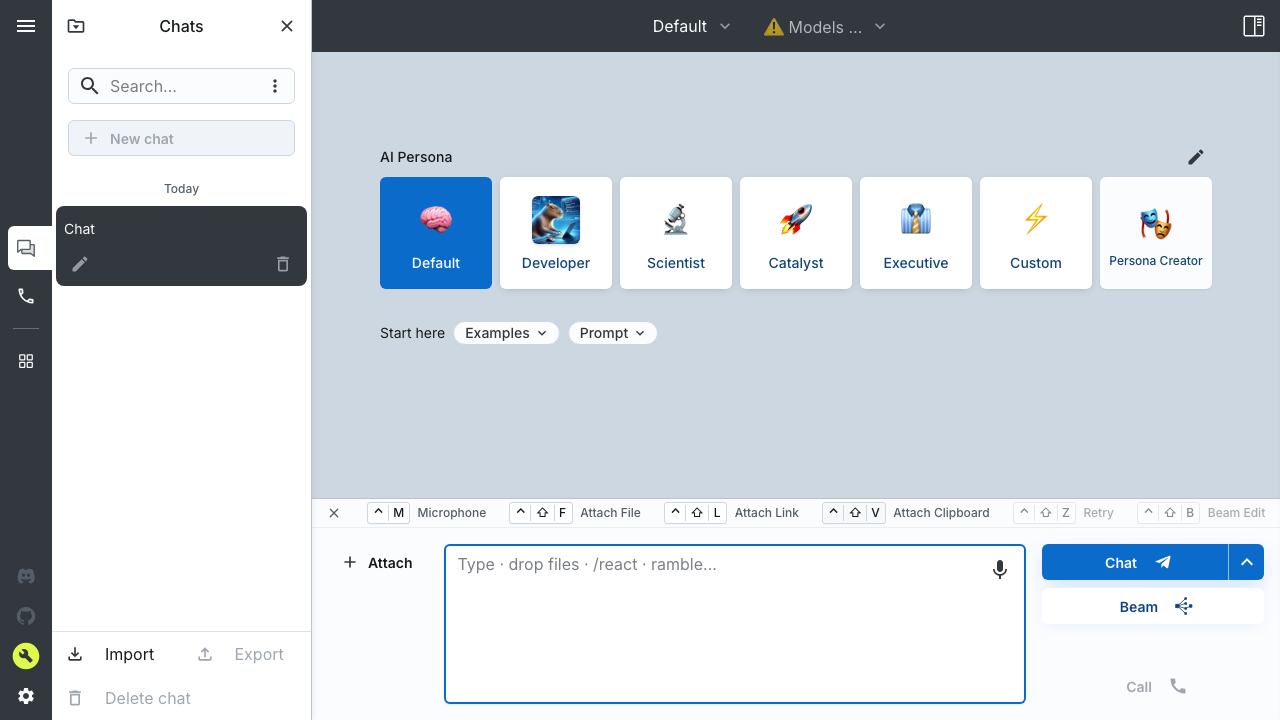 The big-AGI chat home showing the AI Persona picker and an empty message composer, behind the nginx Basic Auth gate