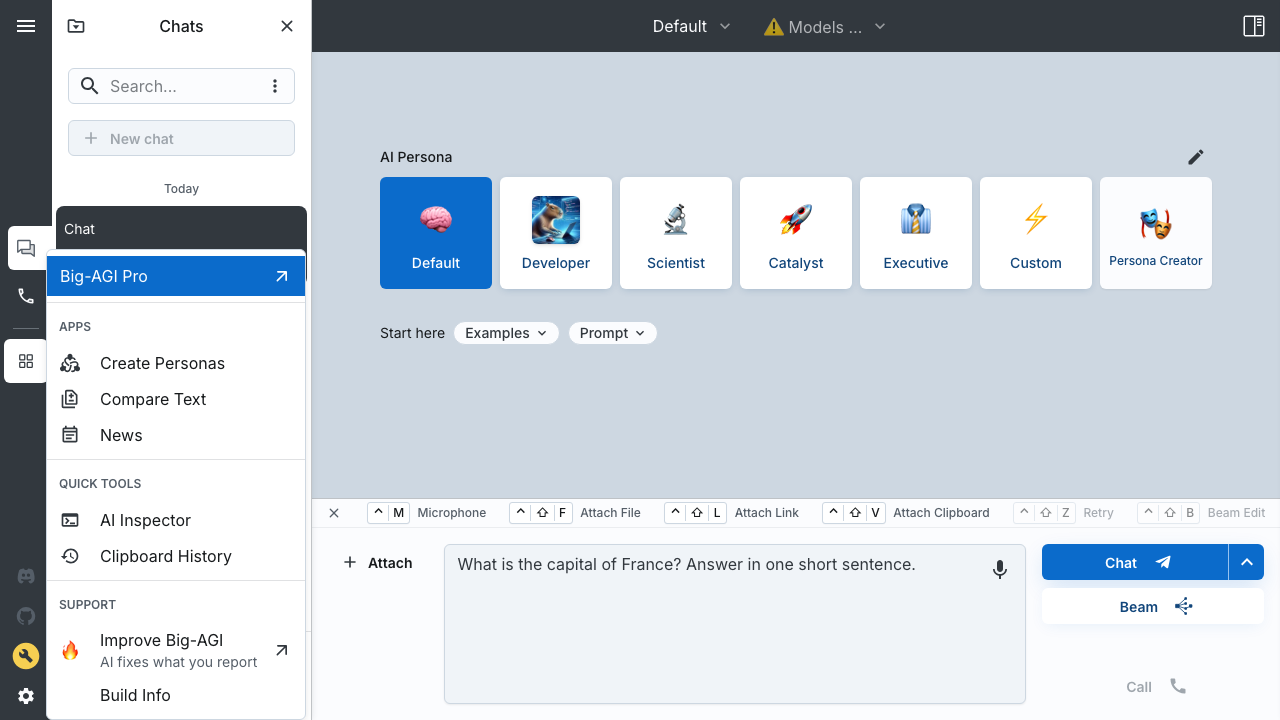 The big-AGI Apps & Tools sidebar showing Create Personas, Compare Text, News and the Quick Tools section