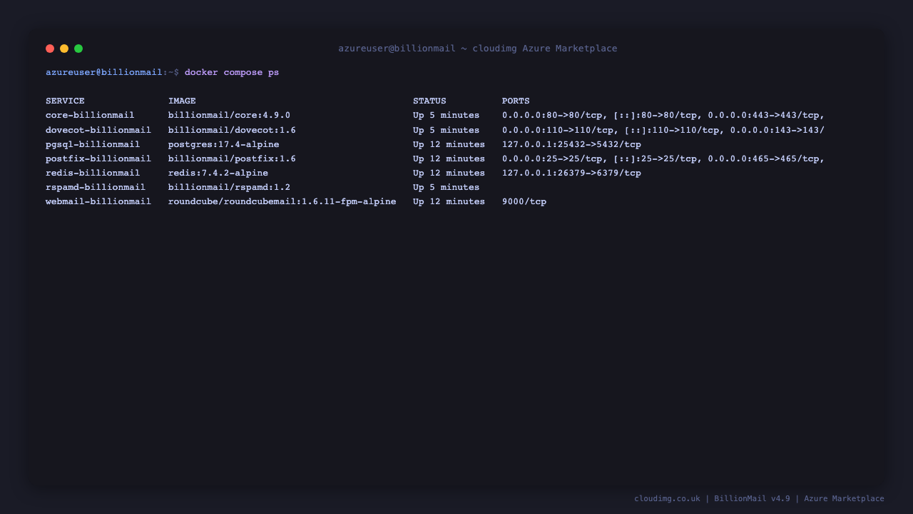 The seven BillionMail compose services listed by docker compose ps, each showing its pinned upstream image (billionmail/core 4.9.0, billionmail/dovecot 1.6, billionmail/postfix 1.6, billionmail/rspamd 1.2, postgres 17.4-alpine, redis 7.4.2-alpine and roundcube 1.6.11) and its Up status, with Postgres and Redis bound to loopback only