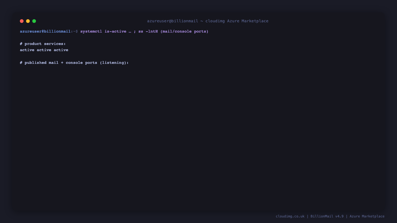 The published SMTP, IMAP, POP3 and console ports listening on the VM, and the docker, billionmail-firstboot and billionmail services all reported active