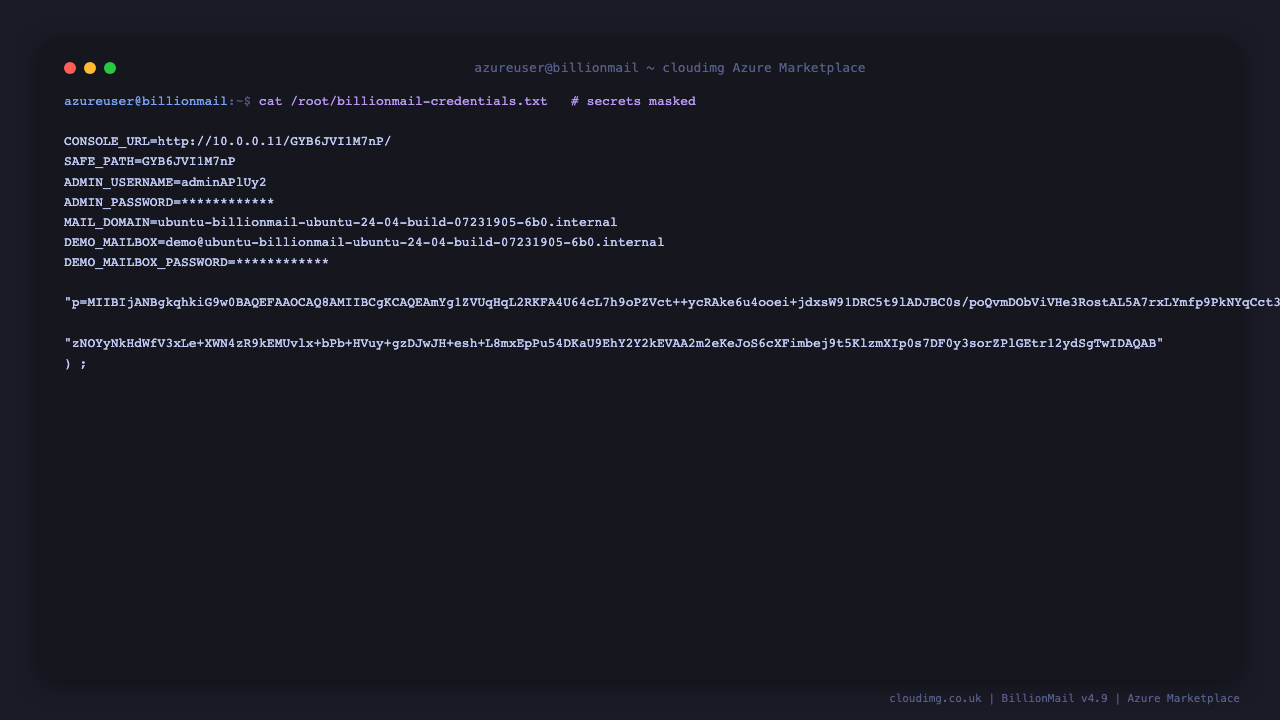 The billionmail-credentials.txt file at mode 0600 root, showing the per instance console URL with its unguessable safe entrance path, the admin username, the admin and demo mailbox passwords redacted, the seeded demo domain and mailbox, and the per instance DKIM public record