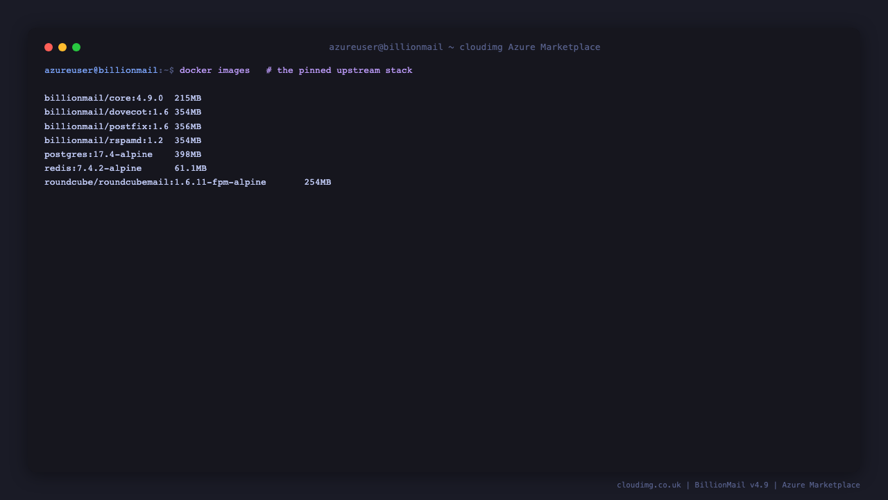 docker images listing the seven pinned upstream images that make up the appliance: billionmail/core 4.9.0, billionmail/dovecot 1.6, billionmail/postfix 1.6, billionmail/rspamd 1.2, postgres 17.4-alpine, redis 7.4.2-alpine and roundcube 1.6.11-fpm-alpine