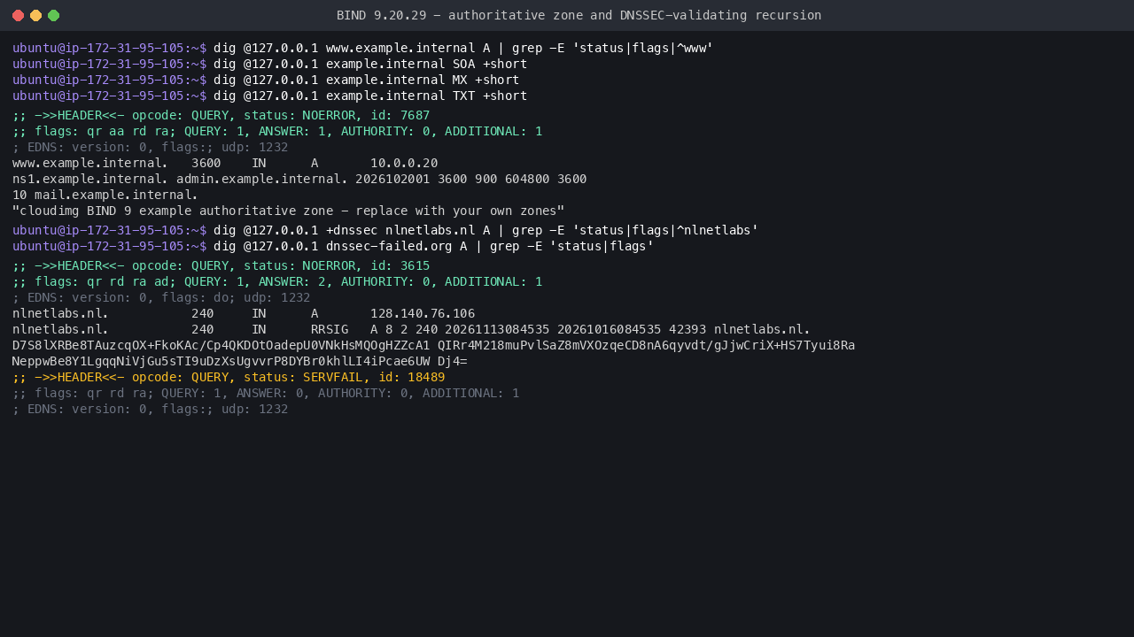 dig for www.example.internal returning an authoritative answer with the aa flag, dig for nlnetlabs.nl returning NOERROR with the ad flag and an RRSIG, and dig for dnssec-failed.org returning SERVFAIL because its signatures fail validation
