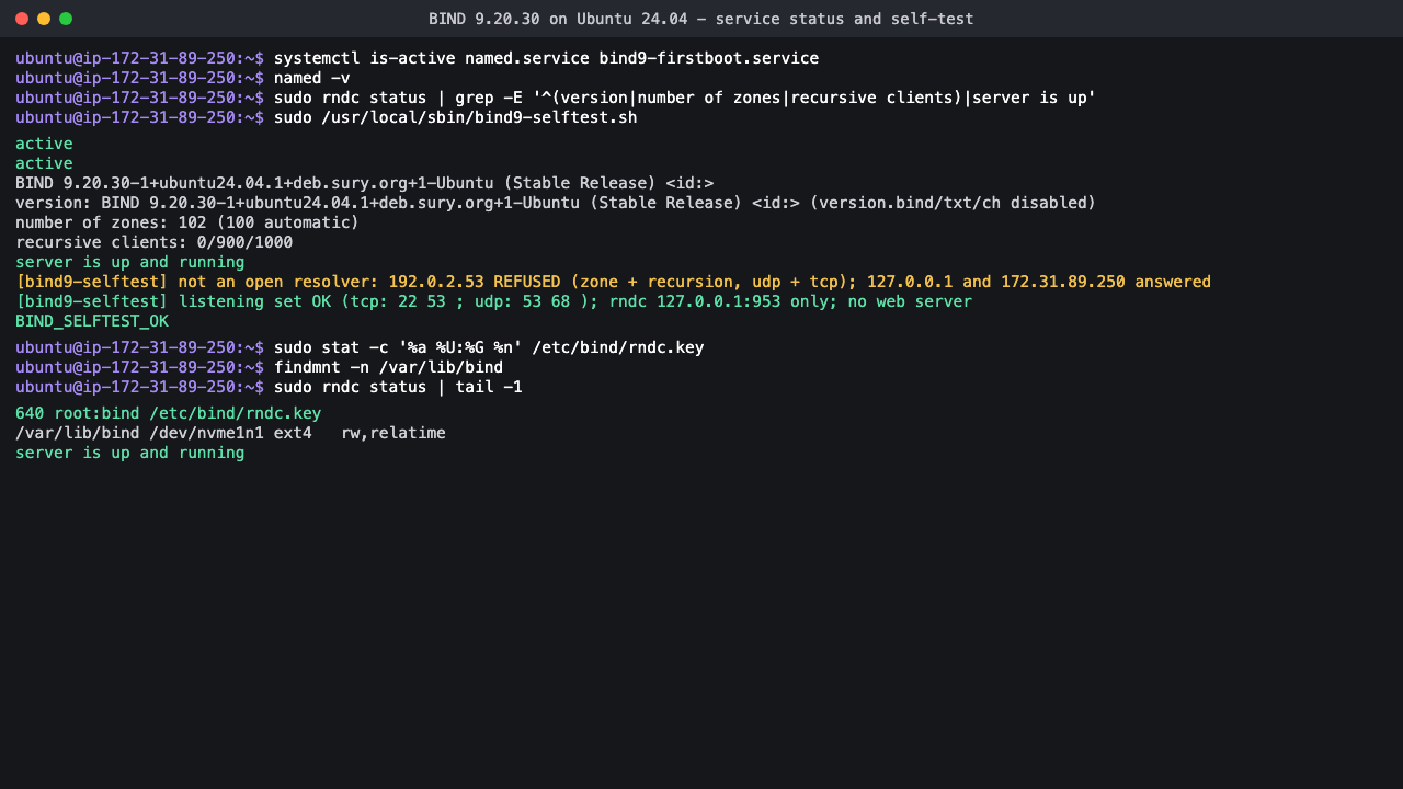 named.service and its first-boot unit active, named -v reporting BIND 9.20.30, rndc status showing the server up, and the self-test confirming the not-an-open-resolver probe and the exact listening set