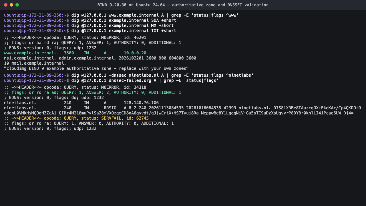 dig for www.example.internal returning an authoritative answer with the aa flag, dig for nlnetlabs.nl returning NOERROR with the ad flag and an RRSIG, and dig for dnssec-failed.org returning SERVFAIL because its signatures fail validation