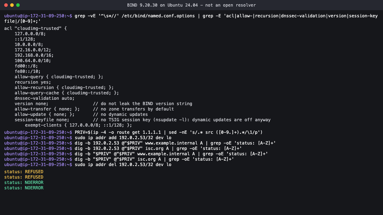 The cloudimg-trusted access list governing allow-query, allow-recursion and allow-query-cache, and queries from the public test address 192.0.2.53 refused while the same queries from the private IP are answered