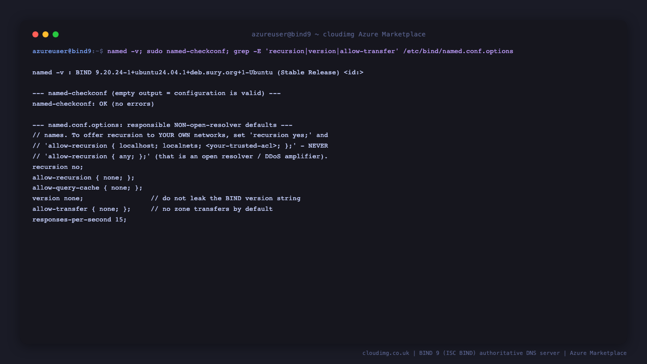 named -v reports BIND 9.20.24 stable, named-checkconf returns no errors, and named.conf.options shows recursion no, allow-recursion none, allow-query-cache none, version none, allow-transfer none, and a responses-per-second rate limit