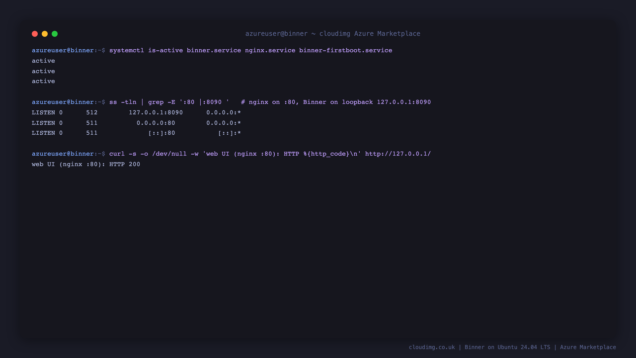 The binner, nginx and firstboot services reported active, nginx listening on port 80 and Binner on loopback 127.0.0.1:8090, and the web UI returning HTTP 200 through nginx