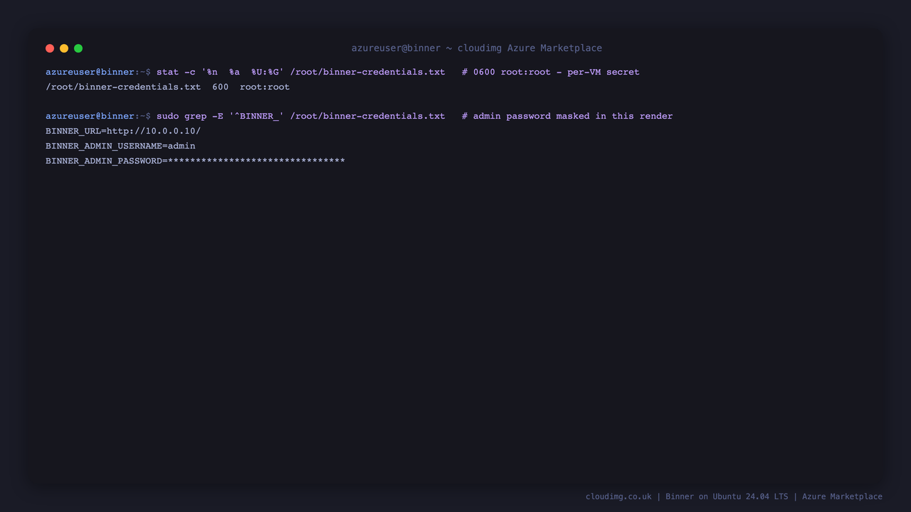 The per-VM Binner credentials file listed as mode 0600 root:root, showing the web URL and the admin username with its per-instance password masked in this render