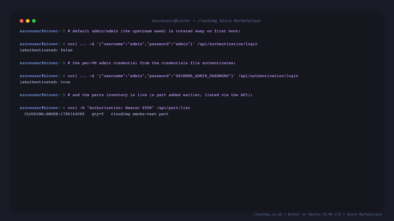 A shell session showing the default admin/admin login returning isAuthenticated false while the per-VM admin credential returns isAuthenticated true, proving the seeded default is disabled